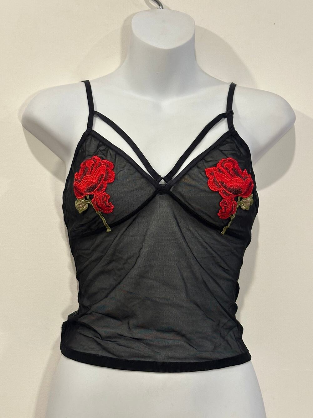 Secret Possessions Black Sheer Mesh Embroidered Red Rose Cami Tank Top L